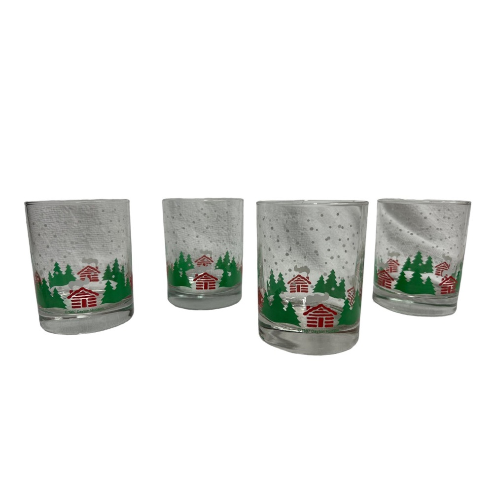 Dayton Hudson Vintage 1987 Log Cabin Snow Falling Forest Glasses Set of 4‎